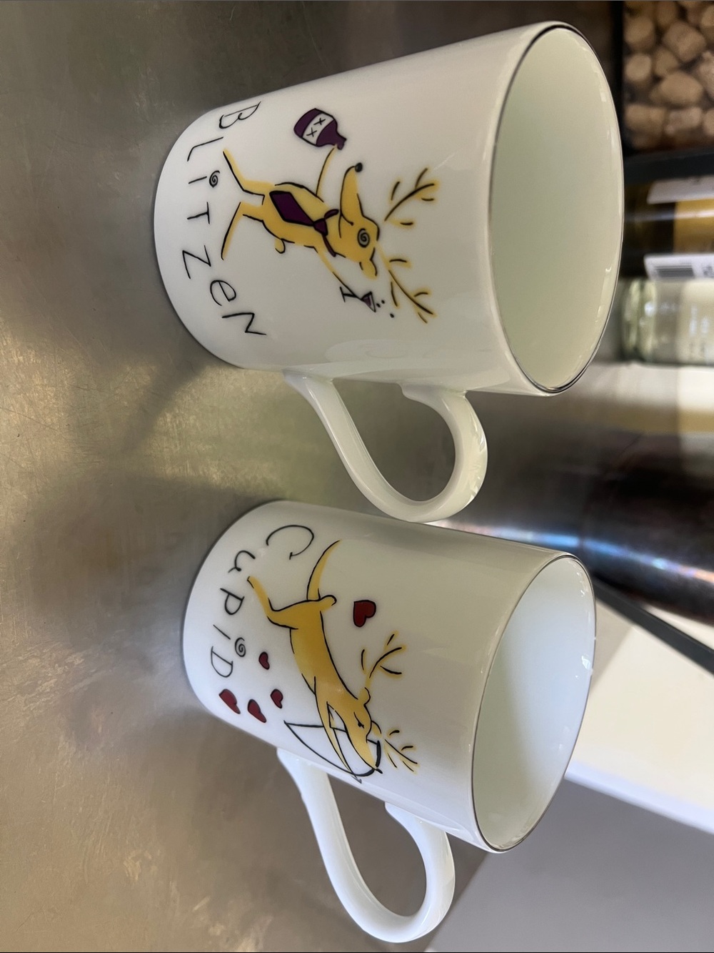Pottery Barn Cupid Blitzen Christmas Mugs